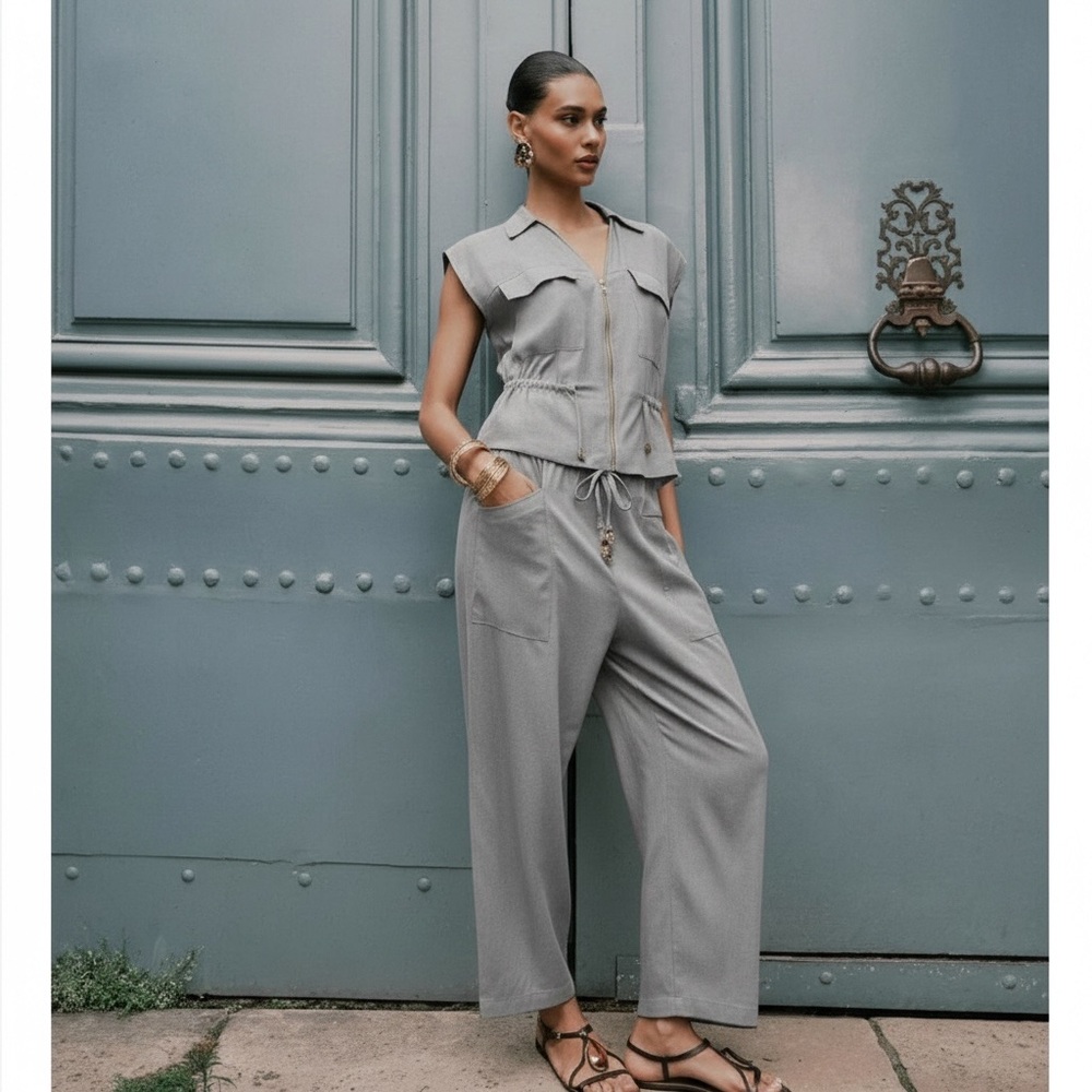 Zara Linen Light Gray Wide Pants Size M
